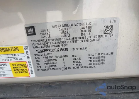 2015 Chevrolet Traverse 2Lt from USA, damaged, VIN 1GNKRHKD3FJ219378